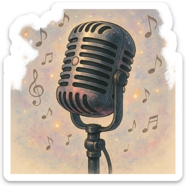 microphone with black and pink accents, dreamy lighting, whimsical and musical sticker