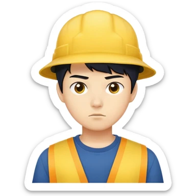 nam 20 tuổi, da vàng, tóc ngắn màu đen, đội mũ màu vàng, mặt nghiêm túc, áo xanh đậm, nửa thân trên sticker