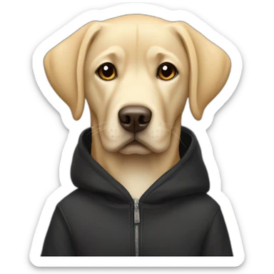 Labrador in a black hoodie with creme backpack on the shoulders sticker
