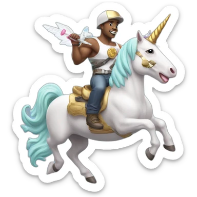 Strong man, machine gun, flying on a unicorn eating ice cream with a unicorn hat on sticker