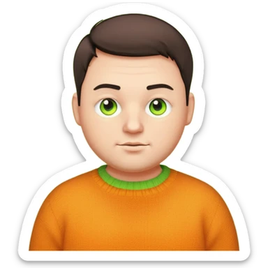 plump man in his 30s, short cropped hair, unique dark yellow-orange woolen jumper, glowing neon green eyes, cartoon emoji style sticker