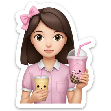 a brunette girl with a bow and light pink shirt and a bobba in her hand sticker