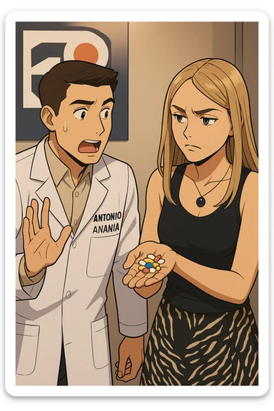 fai un webtoon/manga a colori con questo kinesiologo in camice bianco (fagli la scritta "ANTONIO ANANIA" SUL CAMICE) CHE PARLA CON QUESTA RAGAZZA. LA RAGAZZA HA UN PUGNO DI INTEGRATORI IN MANO (TANTE PILLOLE DIVERSE) E LE GUARDA DUBBIOSA. IL KINESIOLOGO CON IL CAMICE BIANCO LE DOMANDA UNA COSA SCIOCCATO. NON FARE I FUMETTI, FAI SOLO LORO COME SE DIALOGASSERO sticker