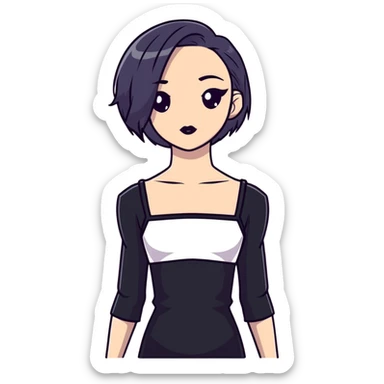 gothic femboy with wide shoulders, small chest, dark makeup, black clothing sticker