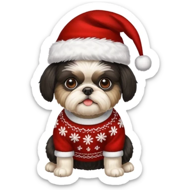 ALL BLACK FACE AND BODY SHIH TZU WITH CHRISTMAS SWEATER AND HAT sticker