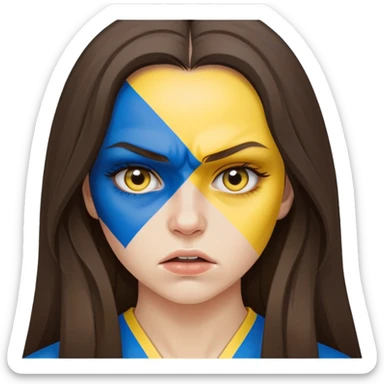 Brunette woman with long hair, Ukrainian flag (blue and yellow) painted on her cheek, angry expression sticker