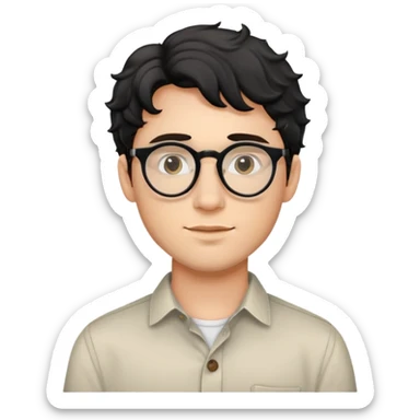Upper body only of young caucasian man with black wavy hair, round glasses, wearing comfortable buttoned shirt sticker