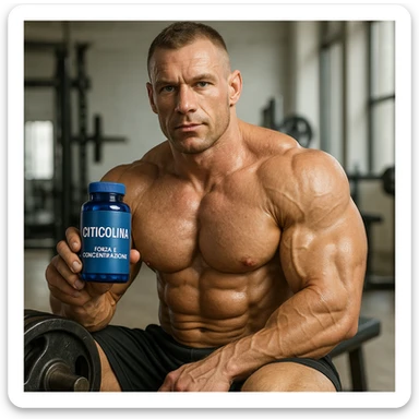 hyper realistic bodybuilder with Citicolina supplement near weights, sculpted muscles, blue bottle, text 'Forza e concentrazione', gym environment, light background sticker