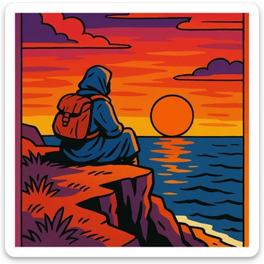 comic book panel 4: the nomad sits at a cliffside at sunset, overlooking the ocean, reflecting on the adventure, peaceful mood, vibrant comic book style sticker