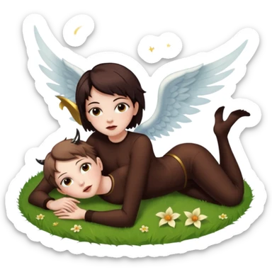 A short-haired brown demon girl lies on the grass, looking up at a flying angel in the sky."
 sticker