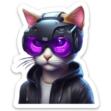 funny cat wearing a black hoodie with "OMG" letters on it and VR headset in a cyberpunk VR environment with violet neon lighting. sticker