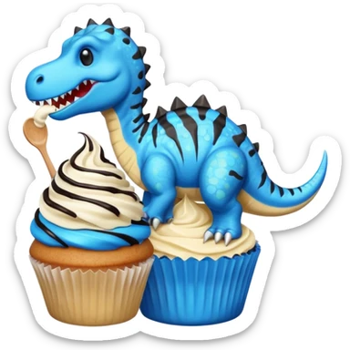 A cupcake having blue and black icing and a dinosaur as a decoration and ice cream next to it sticker
