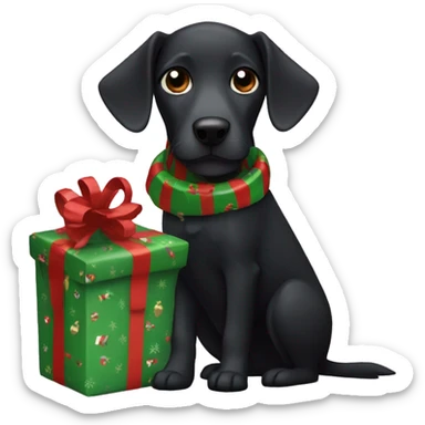 Black dog wrapped in Christmas wrapping paper  sticker