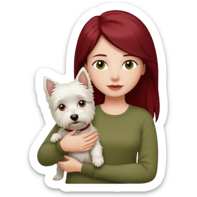 Westie white terrier dog being held by woman with dark red long hair and hazel eye wearing olive green top sticker