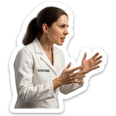 3D render of a female nutritionist wearing a white lab coat, side view, animatedly discussing, hands in motion, determined expression, isolated white background, hyperrealistic 4K details sticker