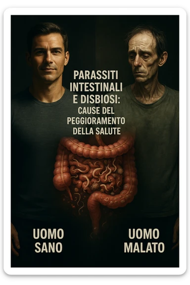 vertical realistic cinematic image: healthy man on the left, sick man on the right, with a central transition showing intestinal parasites and dysbiosis as causes of health deterioration. Dramatic clinical lighting, captions in Italian, 2:3 aspect ratio. sticker