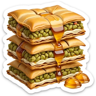 Cinematic Realistic Baklava Dessert Emoji, depicted as layers of flaky pastry with honey and nuts rendered with rich textures and warm, inviting lighting. sticker