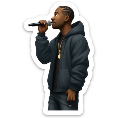 Hip Hop artist on top of a stage looking at a full stadium audience. We see his side profile and holding the mic in one hand.  sticker