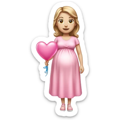 White pregnant lady, with Light Brown hair and blue eyes. She is wearing a pink dress and a bow,  standing and holding two pink heart balloons. sticker
