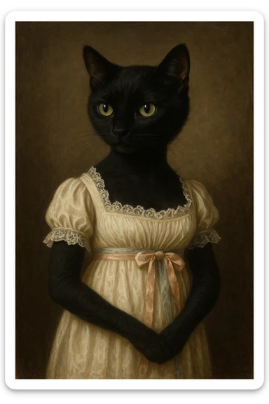 black cat in a Regency dress with lace and ribbons, inspired by Jane Austen's Pride and Prejudice sticker