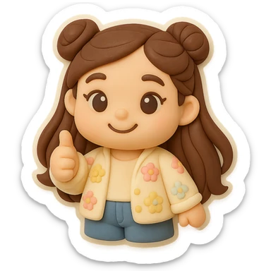 3D chibi fondant cake art style, high-quality rendering with smooth shadows and soft gradients. Girl based on reference image with long brown hair in two space buns, brown eyes, jeans, pastel floral cardigan, thick white outline like a sticker, transparent background. Thumbs up, happy expression. Ensure the face and hairstyle match the reference exactly. sticker