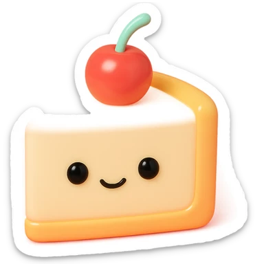 3D vinyl figure cheesecake slice, classic New York style, smooth vanilla filling, topped with a cherry, smooth vinyl look sticker