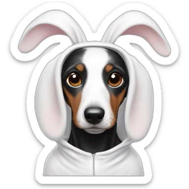a black dachshund dog in a white bunny costume with bunny ears on the hood sticker