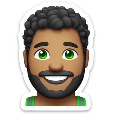 Chubby muscular male with a dark red beard and curly hair, green eyes and smiling sticker