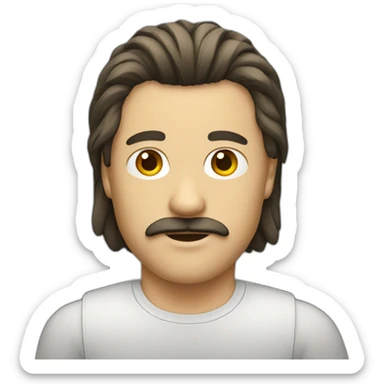 A guy with a mullet haircut and a moustache sticker