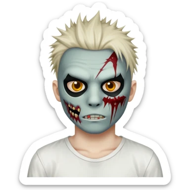 zombie boy with spiky emo hair and white shirt emoji and 

He wears an anonymous mask on half his face and has wounds on the other half. sticker