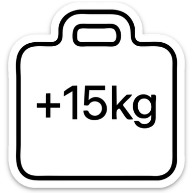 icon for '+de 15 kilogramos', weight scale with '+15kg' label, simple and easy to read, outlined design sticker