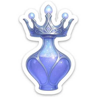 Make the crown into a magical elixir bottle while keeping the crown shape and color #7986cb. The bottom should transition into a bottle/flask shape. Add elegant silver and iridescent accents with magical glowing effects. The bottle should have a very small neck, seamless bottom, floating, transparent background, no base or shadow, modern style, fitting a luxury collection. sticker