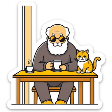  old blind man having coffee at the table ￼ with his golden cat  sticker