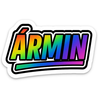 Ármin name in masculine, modern gradient font with precise Hungarian characters, dark outline, extra thick, prominent white letter border, dynamic slanted underline, rainbow gradient colors, 1000x1000 px, PNG, transparent background sticker