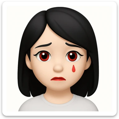Make the character look like the official Apple emoji style. Replace the lots of blood with a single small red tear. Keep her pale skin, black straight hair, and a subtle sad expression. The style should mimic the Apple emoji style closely. sticker