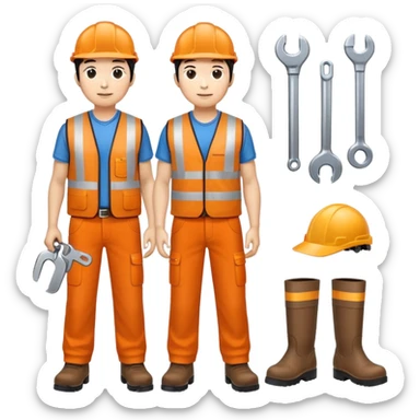 ASIAN RAILWAY ENGINEER ORANGE VEST, TROUSERS, BOOTS, WITH SPANNER sticker
