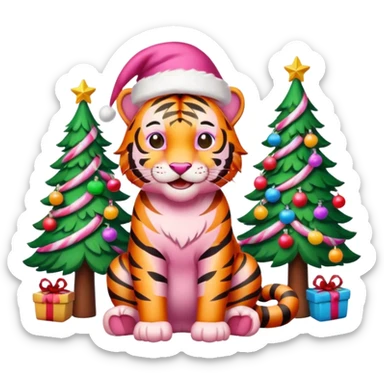 Smiling Pink tiger with Santa sitting by a brightly lit colorful Christmas trees and candy canes 🎁  sticker