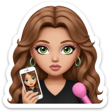  long wavy brown hair, light skin, light green eyes, pretty bratz baddie, black eyeliner, blush, plus size sticker