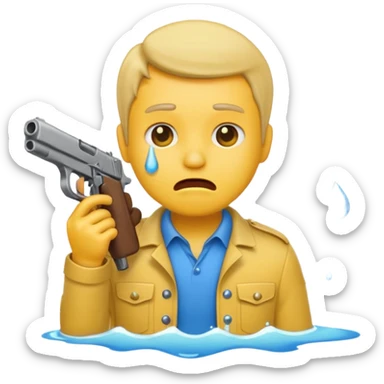 Make a yellow emoji of a guy holding a gun and the guns barrel is in his mouth while crying blue water sticker