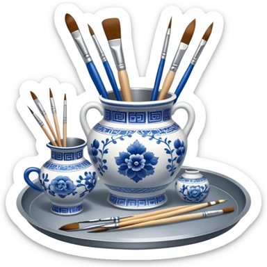 Metal painting icon, a metal vase with intricate designs in Gzhel and Chinese embroidery styles, placed on a metal tray, with three paintbrushes beside it, minimalistic style, clean lines, transparent background. sticker