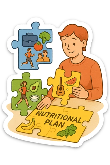 a person is surrounded by puzzle pieces, each representing a different aspect of their life (work, exercise, family, leisure), and healthy foods are integrated into each piece. The person assembles the puzzle, creating a complete, personalized nutrition plan. The mood is uplifting and creative. in italiano sticker