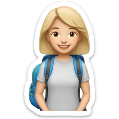 A 3D cartoon woman with a backpack smiling outdoors, surrounded by greenery, Memoji-style realism. sticker