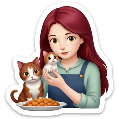 Beautiful, long, burgundy haired girl, feeding cat sticker