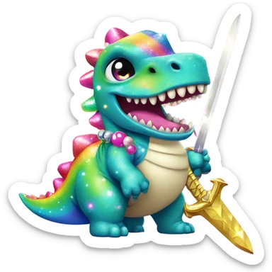 Lisa frank glitter rainbow cute dinosaur with sword and pearls sticker