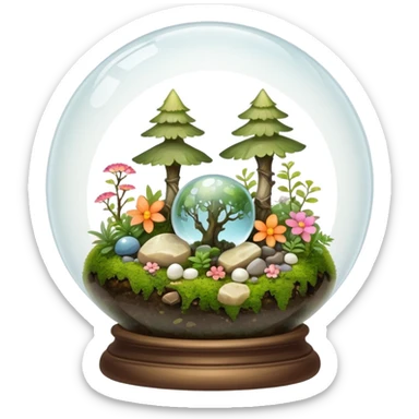 Mystical woodland glass-dome-terrarium-globe with moss inside, with marbles, with pebbles, crystals, with bones inside, and flowers inside  sticker
