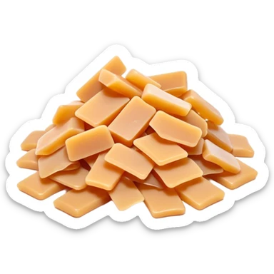 pile of thin, gently curled soap flakes in pale beige or amber, waxy matte surface, irregular hand-shaved look, lightweight twisted slivers, traditional soap, soft lighting, subtle shadows, emoji scale sticker