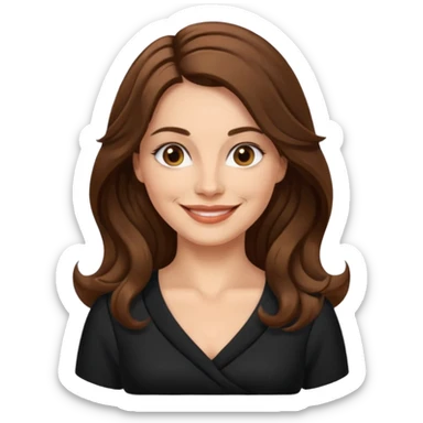 40 yr croatian woman, long wavy brown hair, big smile, side part, black dress
 sticker