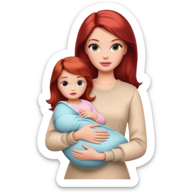 A barbie girl with makeup with dark brown hair long with a baby, a daughter, a girl with red hair, holding her hand in beige clothes sticker