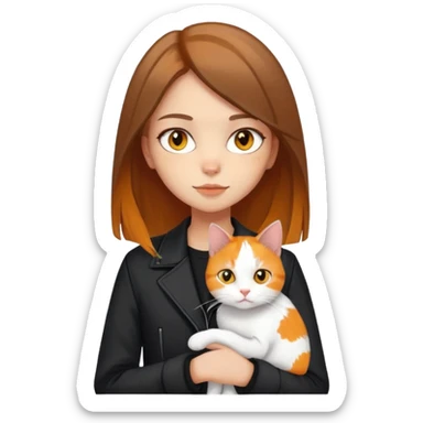 Light-skinned girl with brown straight hair wearing a black jacket, holding one pure white cat with bright yellow eyes and one calico cat with orange black and white patches sticker