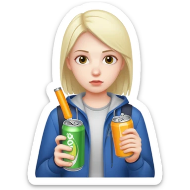student holding energy drink can, tired face sticker